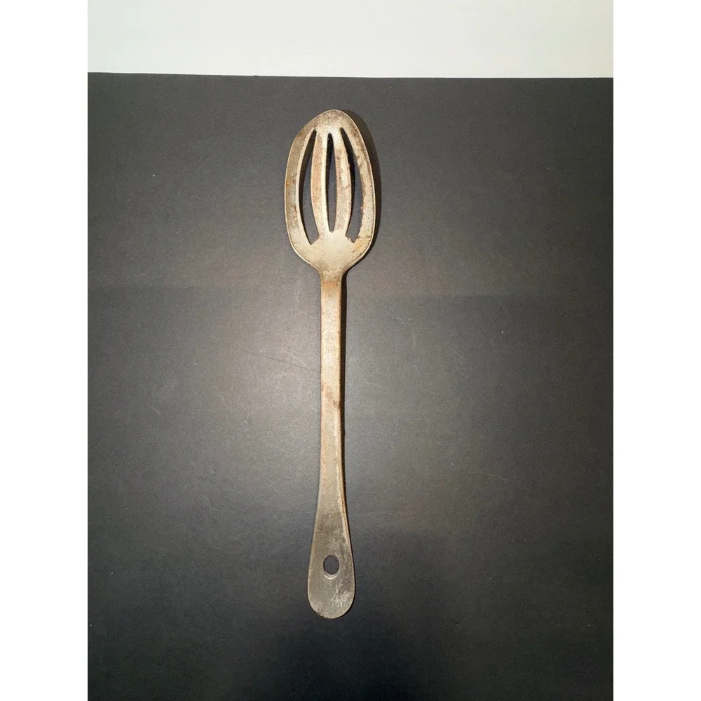 Vintage WB Slotted Metal Mixing Spoon Kitchen Tool Rusted Patina 11.5in